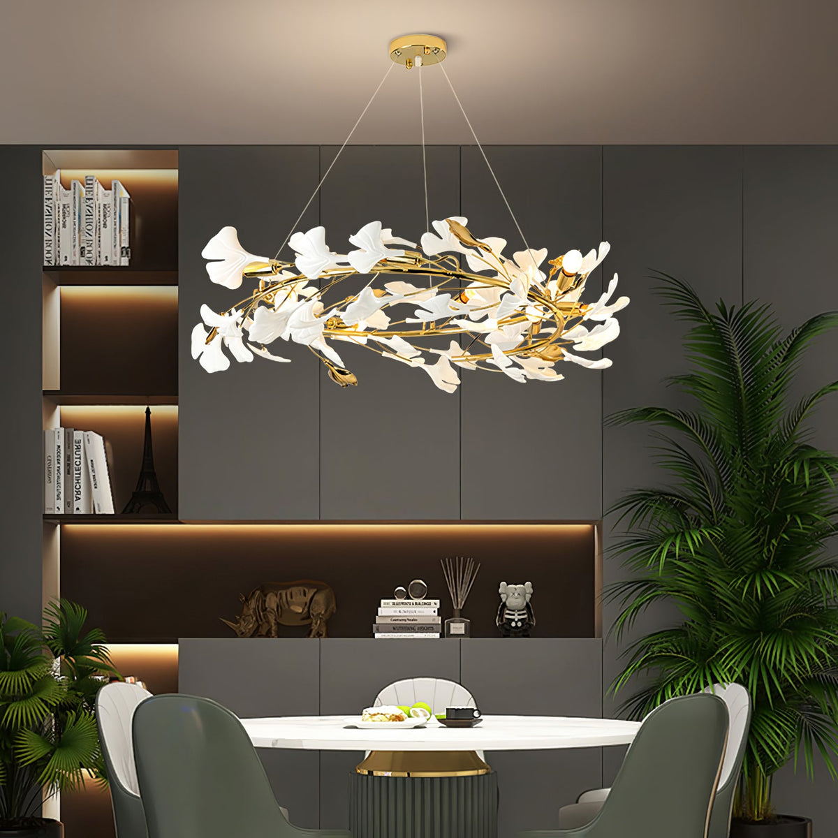 Gingko Drape Chandelier — Porcelain Ginkgo Leaves on Brass Branches