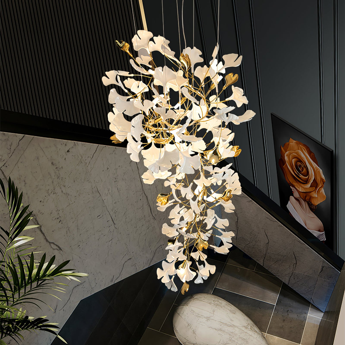 Gingko Drape Chandelier — Porcelain Ginkgo Leaves on Brass Branches