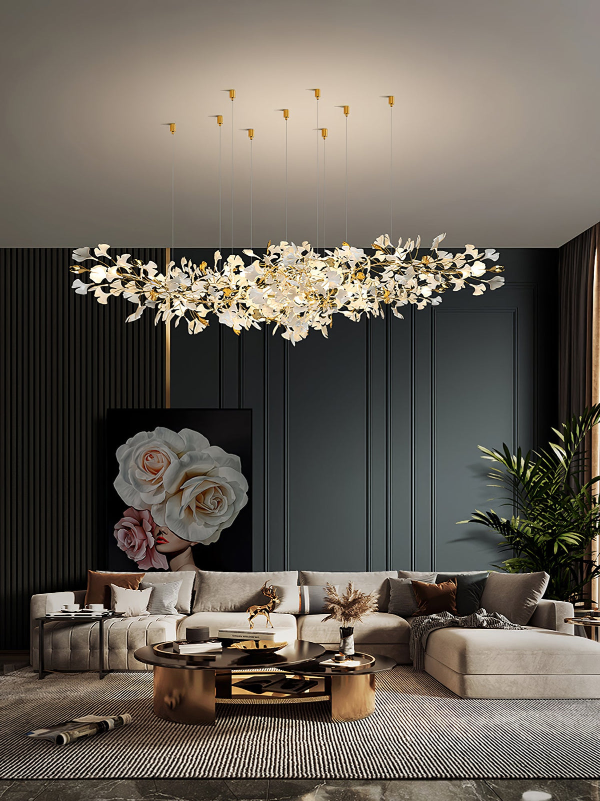 Gingko Drape Chandelier — Porcelain Ginkgo Leaves on Brass Branches