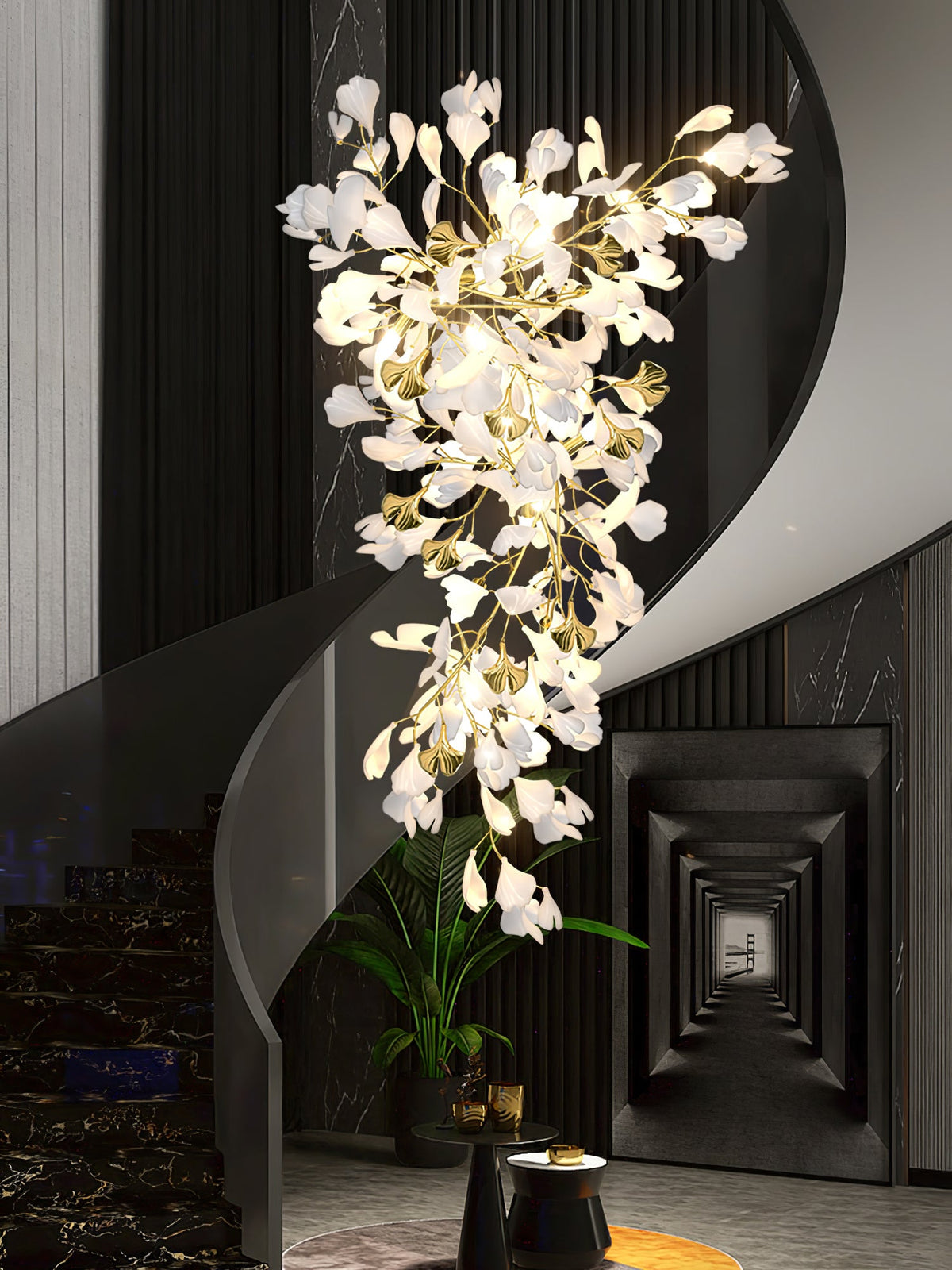 Gingko Drape Chandelier — Porcelain Ginkgo Leaves on Brass Branches