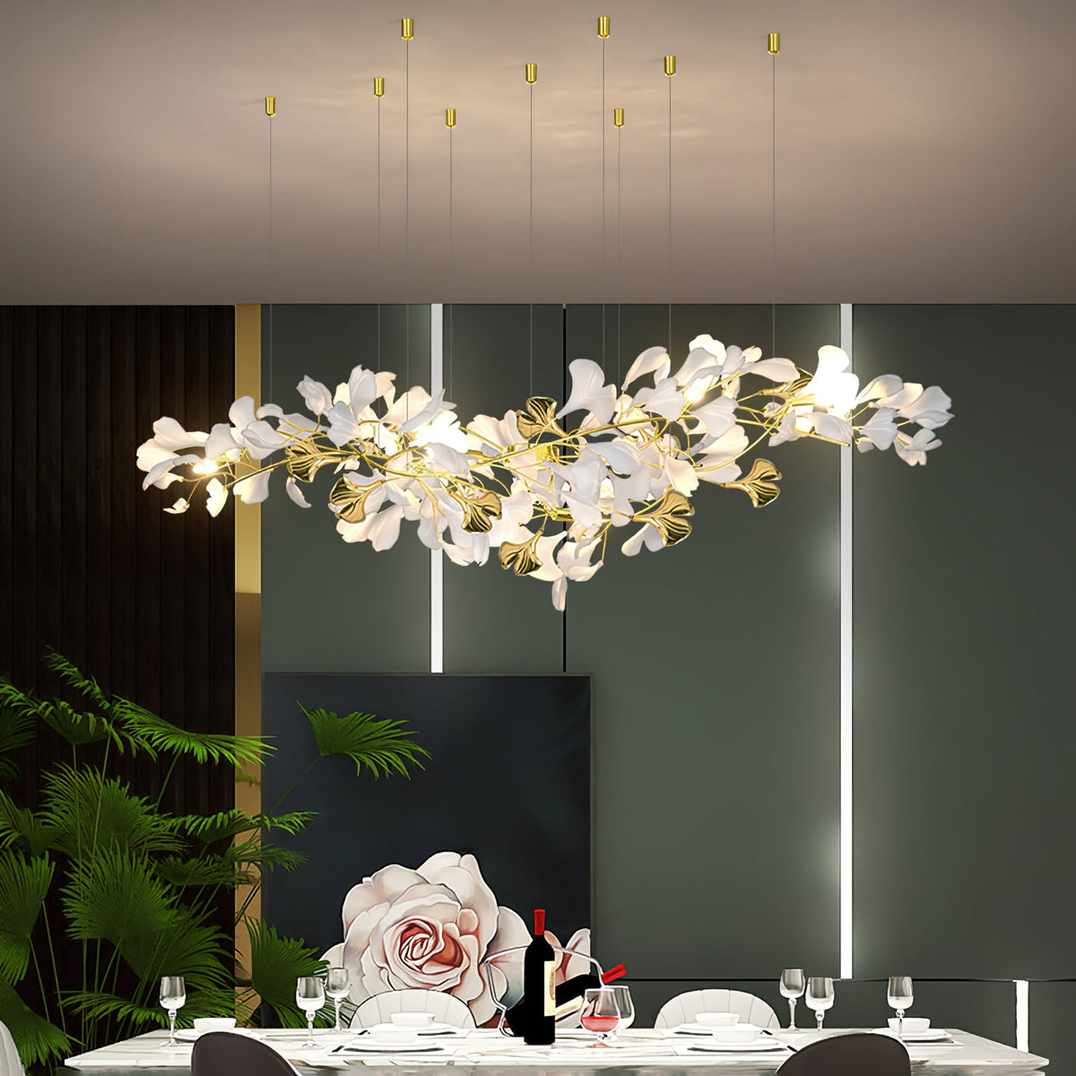 Gingko Drape Chandelier — Porcelain Ginkgo Leaves on Brass Branches