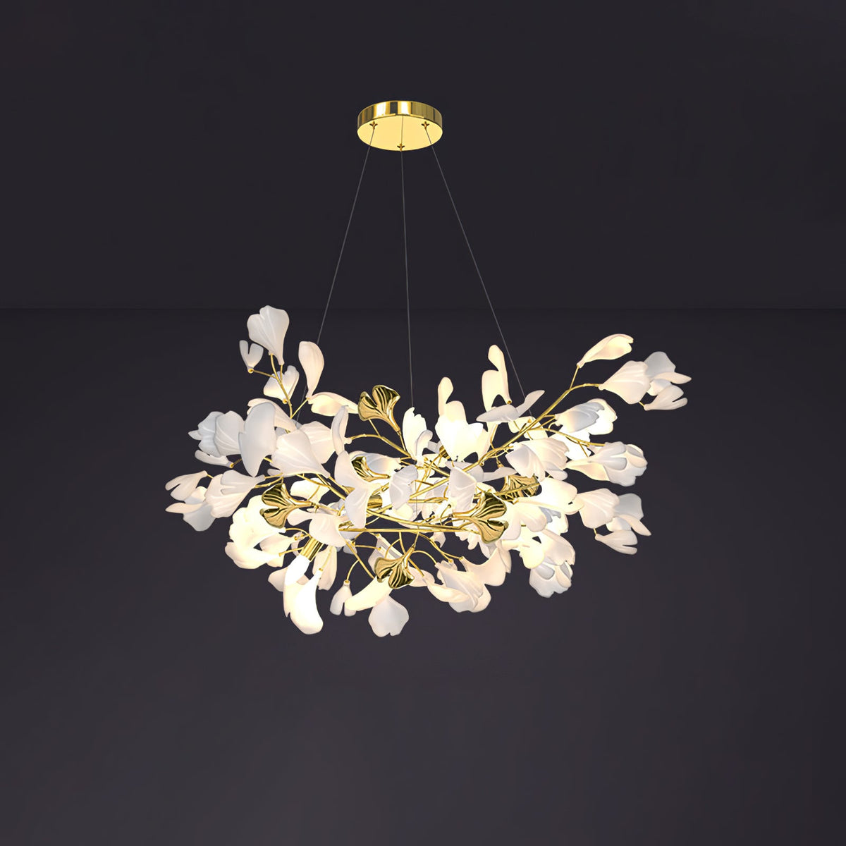 Gingko Drape Chandelier — Porcelain Ginkgo Leaves on Brass Branches