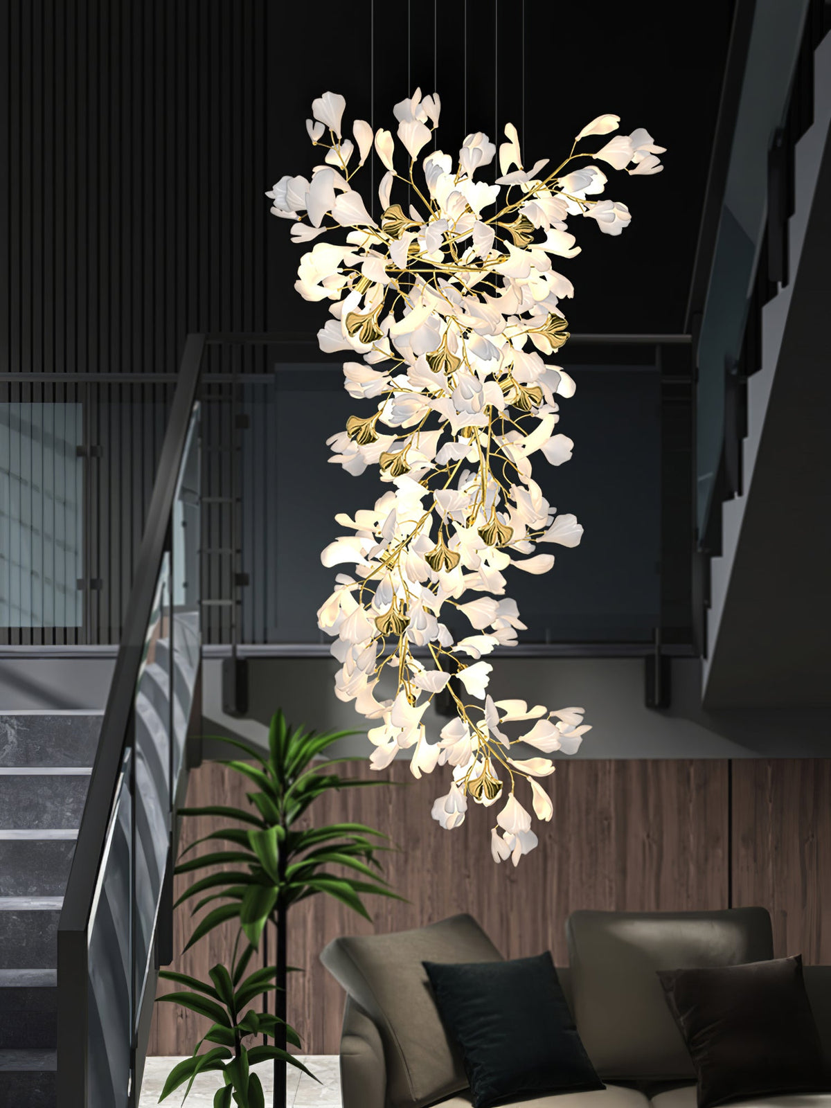 Gingko Drape Chandelier — Porcelain Ginkgo Leaves on Brass Branches
