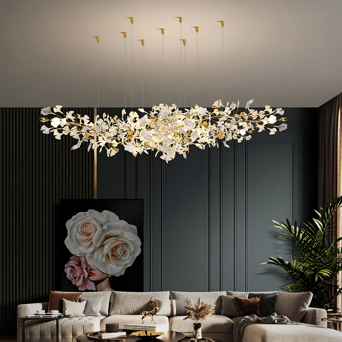 Gingko Drape Chandelier — Porcelain Ginkgo Leaves on Brass Branches