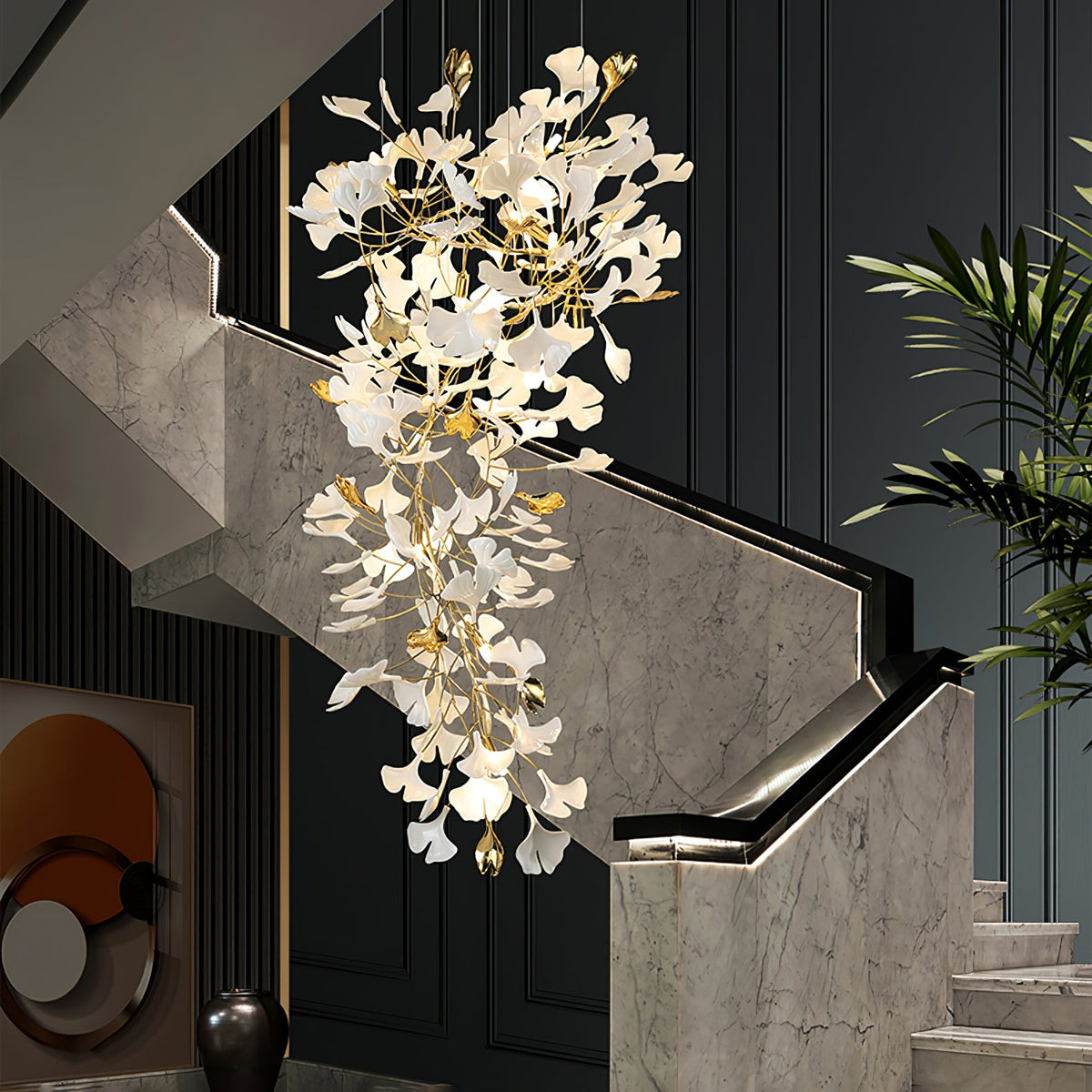 Gingko Drape Chandelier — Porcelain Ginkgo Leaves on Brass Branches