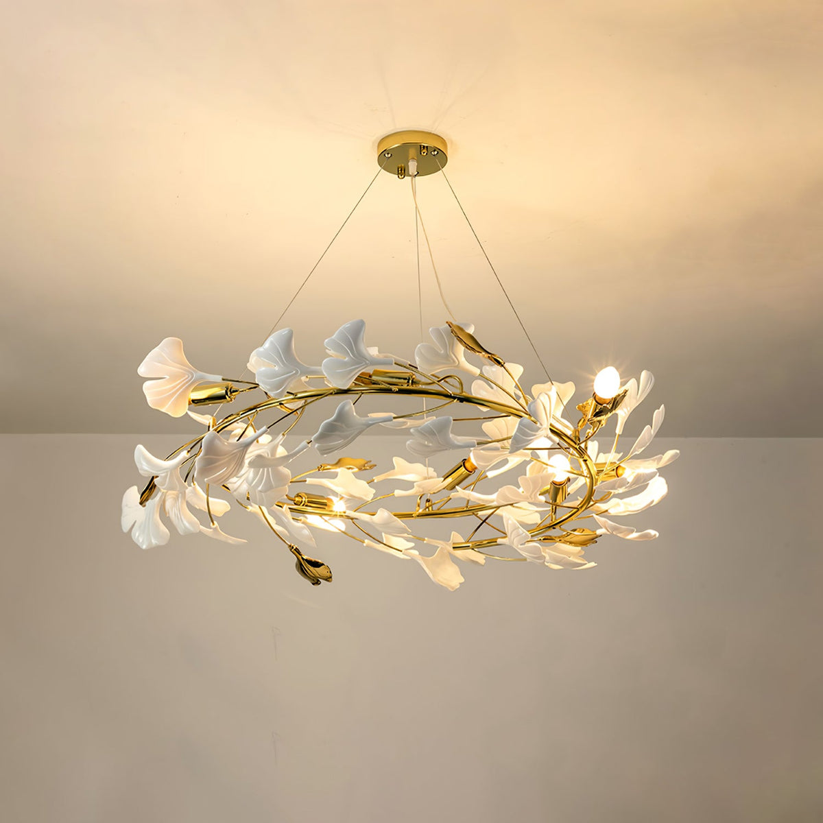 Gingko Drape Chandelier — Porcelain Ginkgo Leaves on Brass Branches