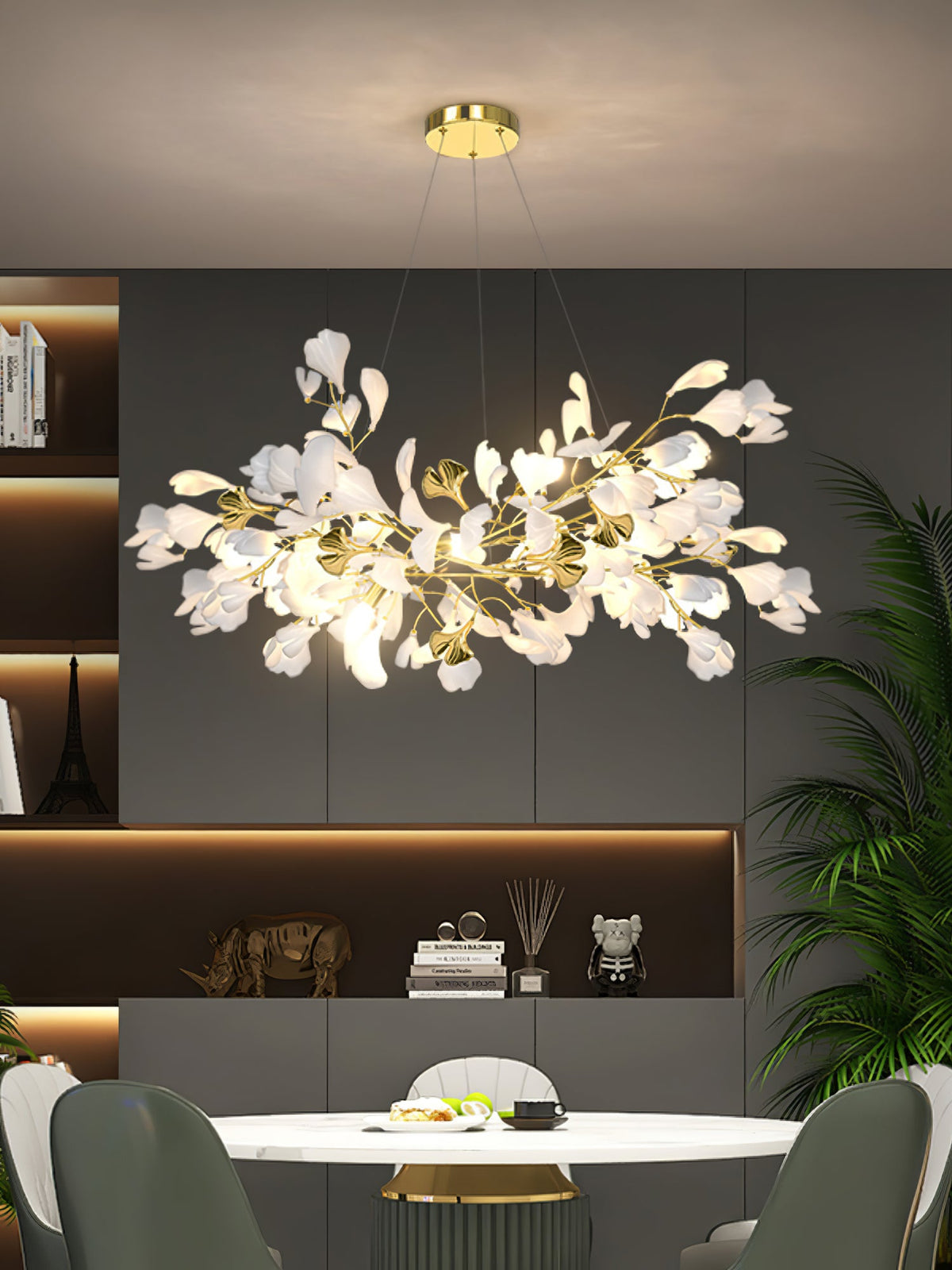 Gingko Drape Chandelier — Porcelain Ginkgo Leaves on Brass Branches