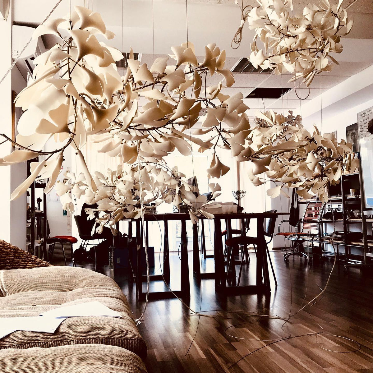 Gingko Leaves Linear Chandelier – Hand-Cast Porcelain Sculptural Pendant Light