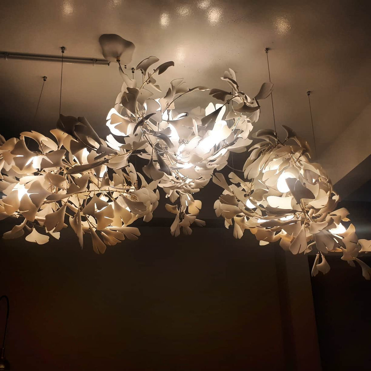 Gingko Leaves Linear Chandelier – Hand-Cast Porcelain Sculptural Pendant Light