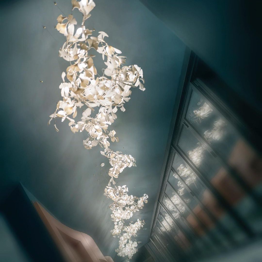 Gingko Leaves Linear Chandelier – Hand-Cast Porcelain Sculptural Pendant Light