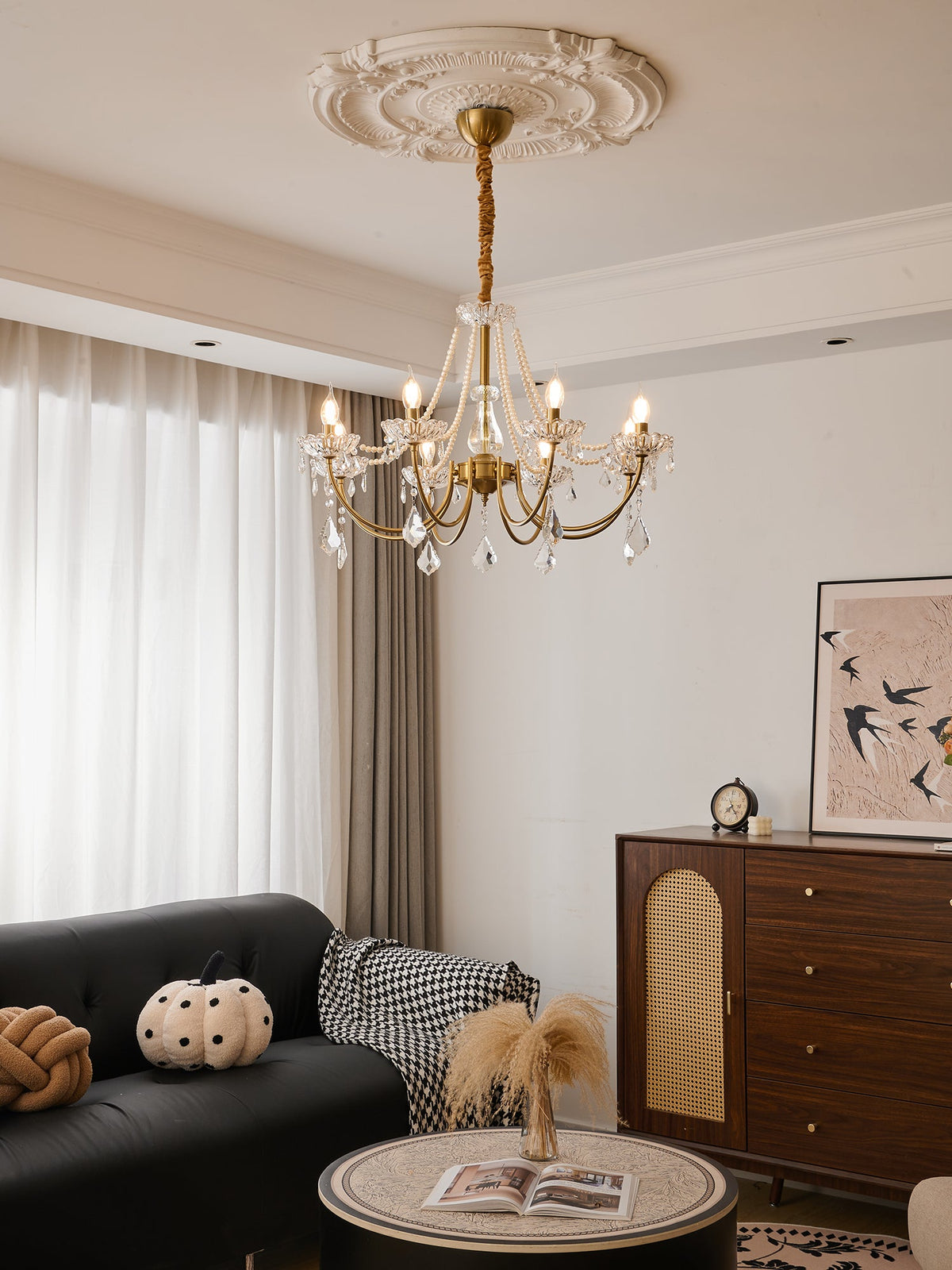 Glamour Pearl Crystal Chandelier for Dining Room and Living Room, Gold Brass LED Ceiling Light