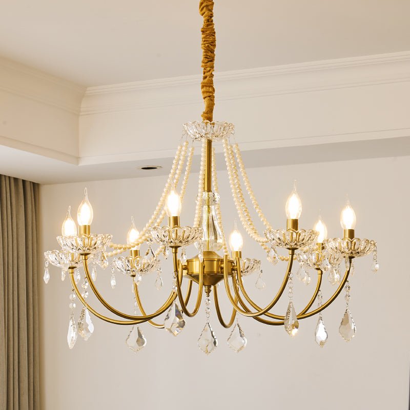 Glamour Pearl Crystal Chandelier for Dining Room and Living Room, Gold Brass LED Ceiling Light