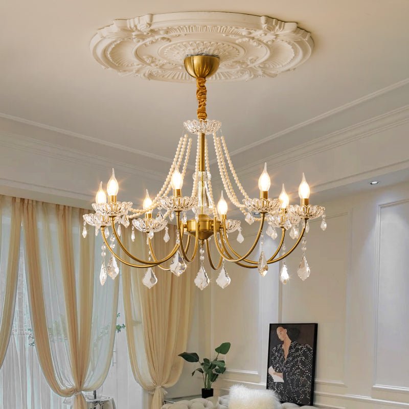 Glamour Pearl Crystal Chandelier for Dining Room and Living Room, Gold Brass LED Ceiling Light
