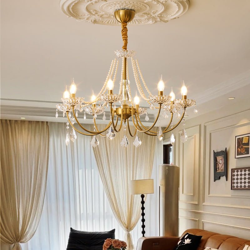 Glamour Pearl Crystal Chandelier for Dining Room and Living Room, Gold Brass LED Ceiling Light
