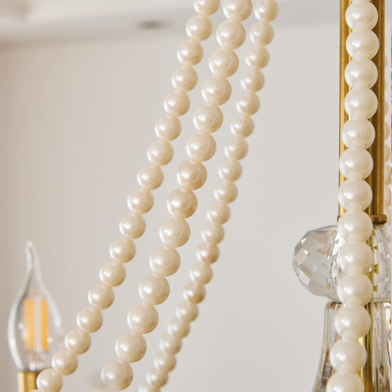 Glamour Pearl Crystal Chandelier for Dining Room and Living Room, Gold Brass LED Ceiling Light