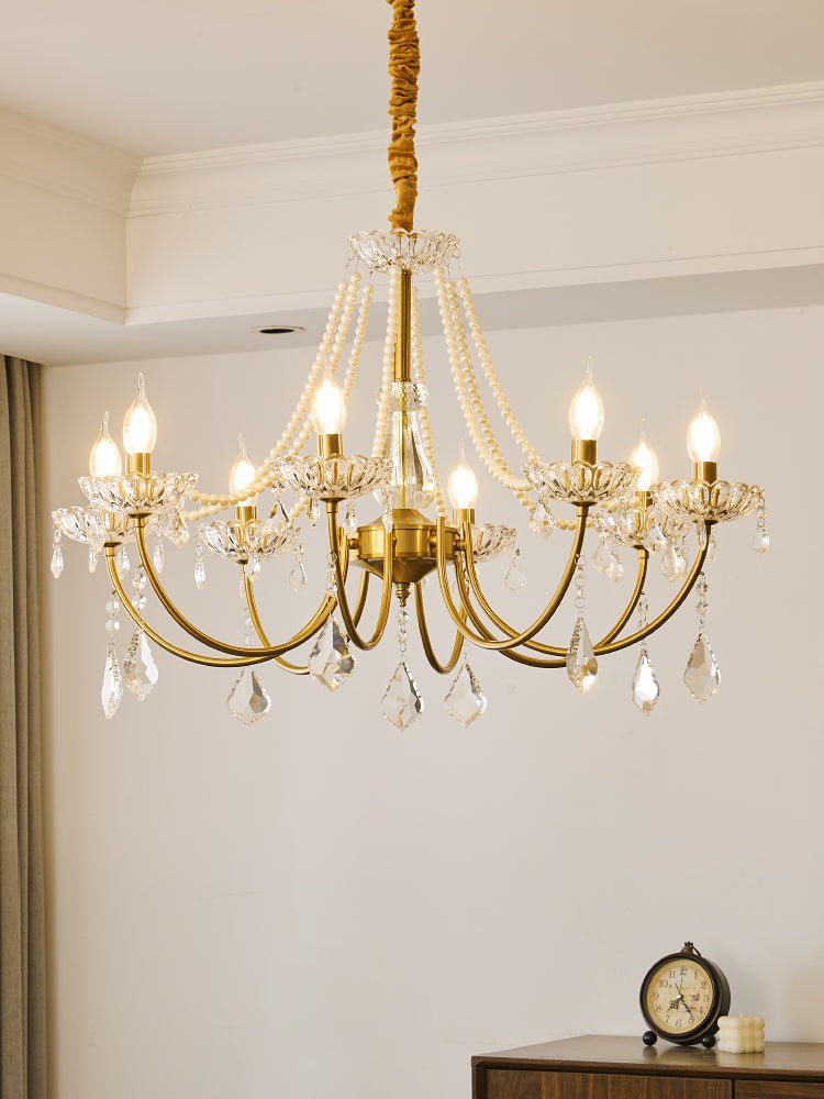 Glamour Pearl Crystal Chandelier for Dining Room and Living Room, Gold Brass LED Ceiling Light