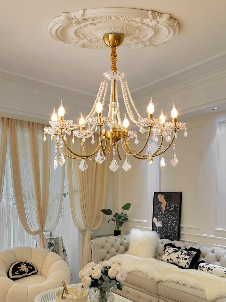 Glamour Pearl Crystal Chandelier for Dining Room and Living Room, Gold Brass LED Ceiling Light