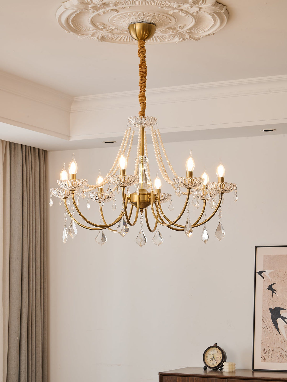 Glamour Pearl Crystal Chandelier for Dining Room and Living Room, Gold Brass LED Ceiling Light