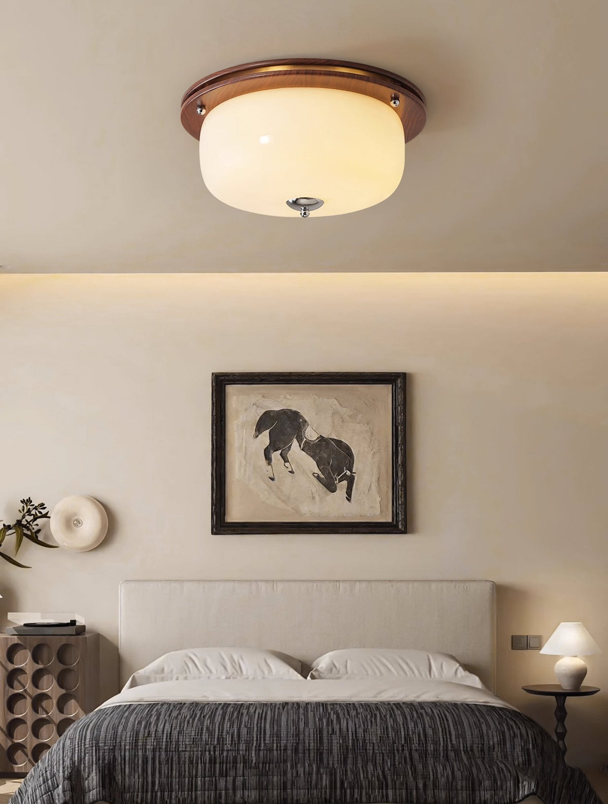 Aurelia Frosted Glass Dome Ceiling Light with Walnut Wood Accents