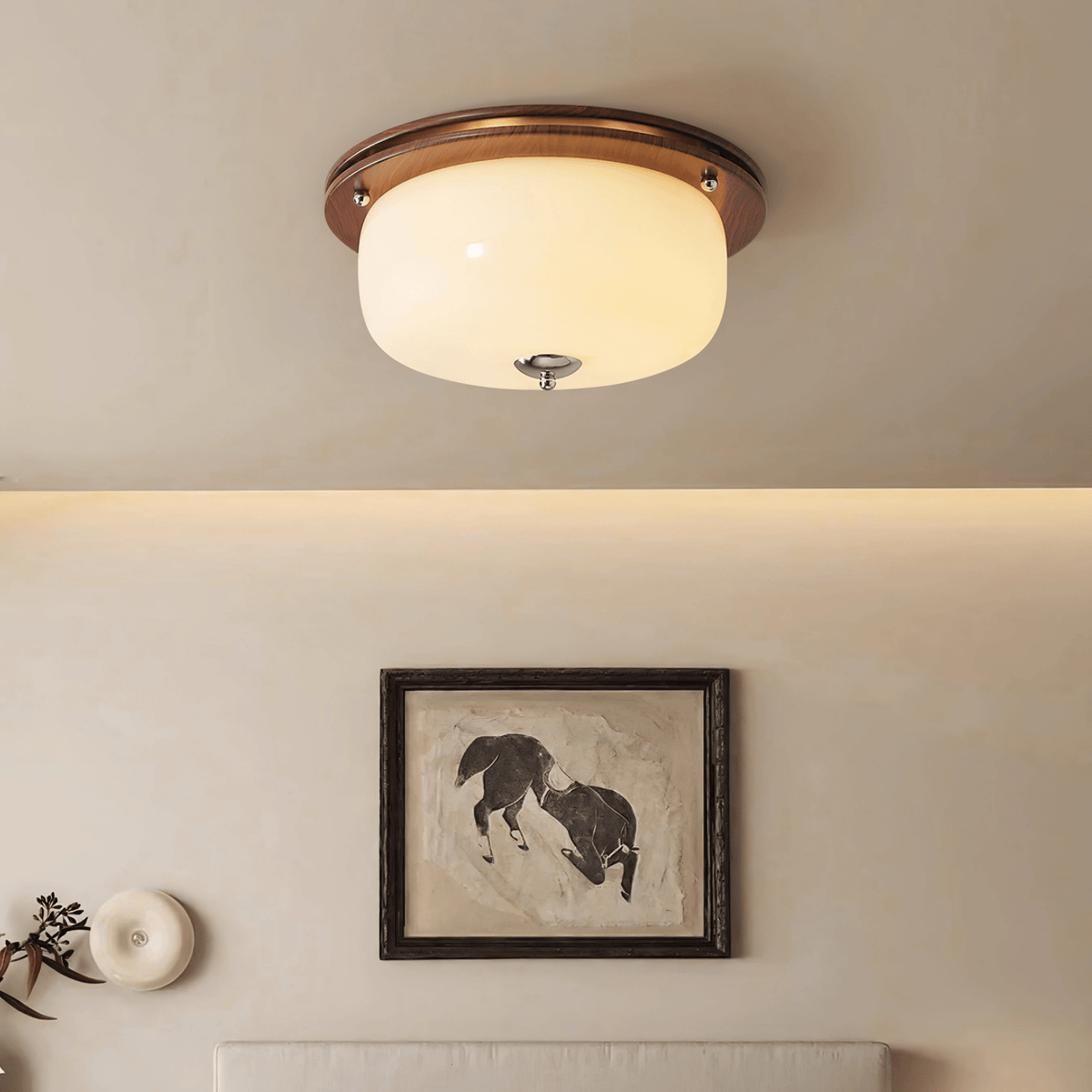 Aurelia Frosted Glass Dome Ceiling Light with Walnut Wood Accents