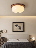 Aurelia Frosted Glass Dome Ceiling Light with Walnut Wood Accents