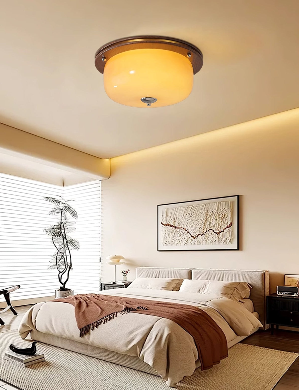Aurelia Frosted Glass Dome Ceiling Light with Walnut Wood Accents
