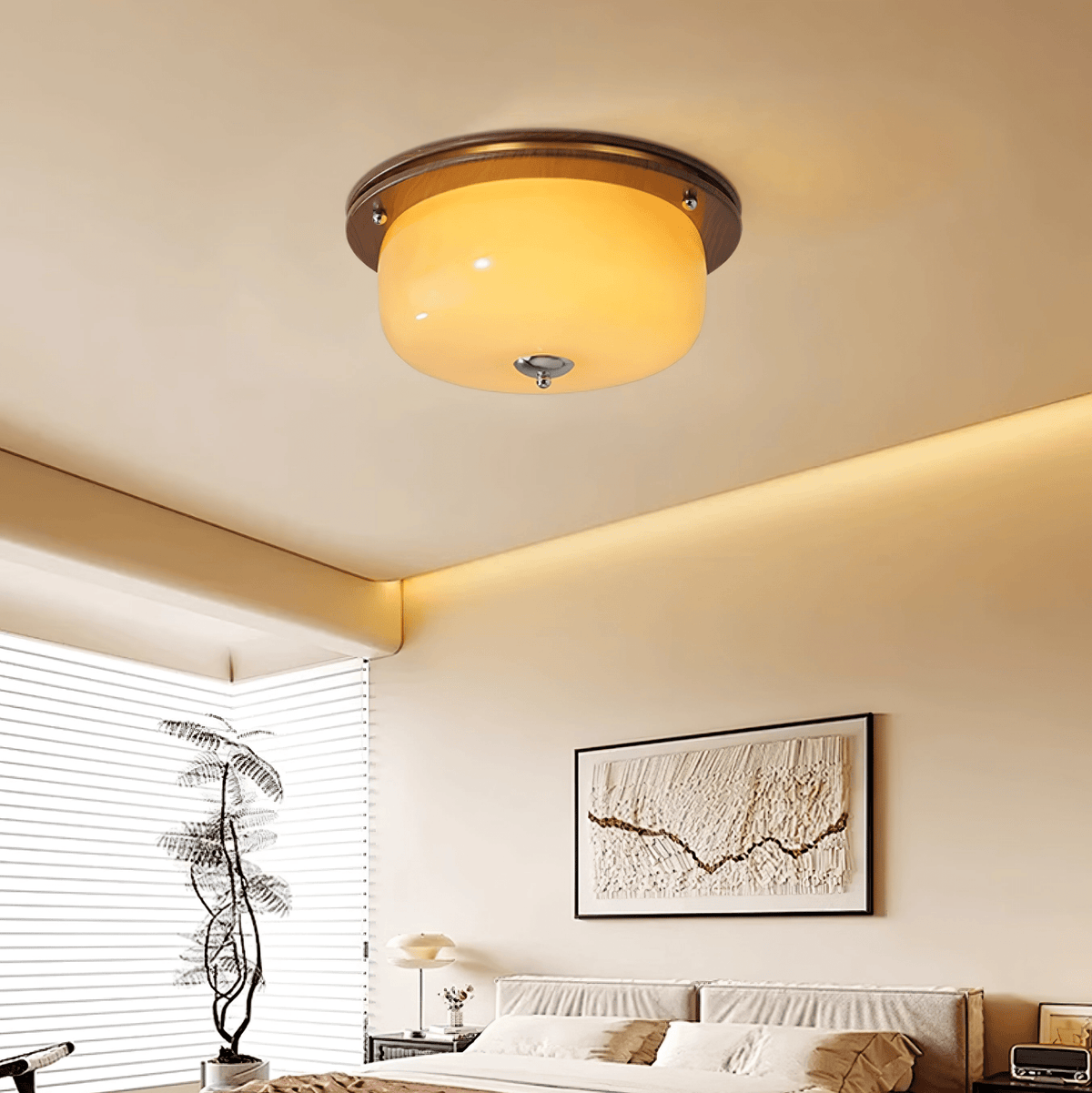 Aurelia Frosted Glass Dome Ceiling Light with Walnut Wood Accents