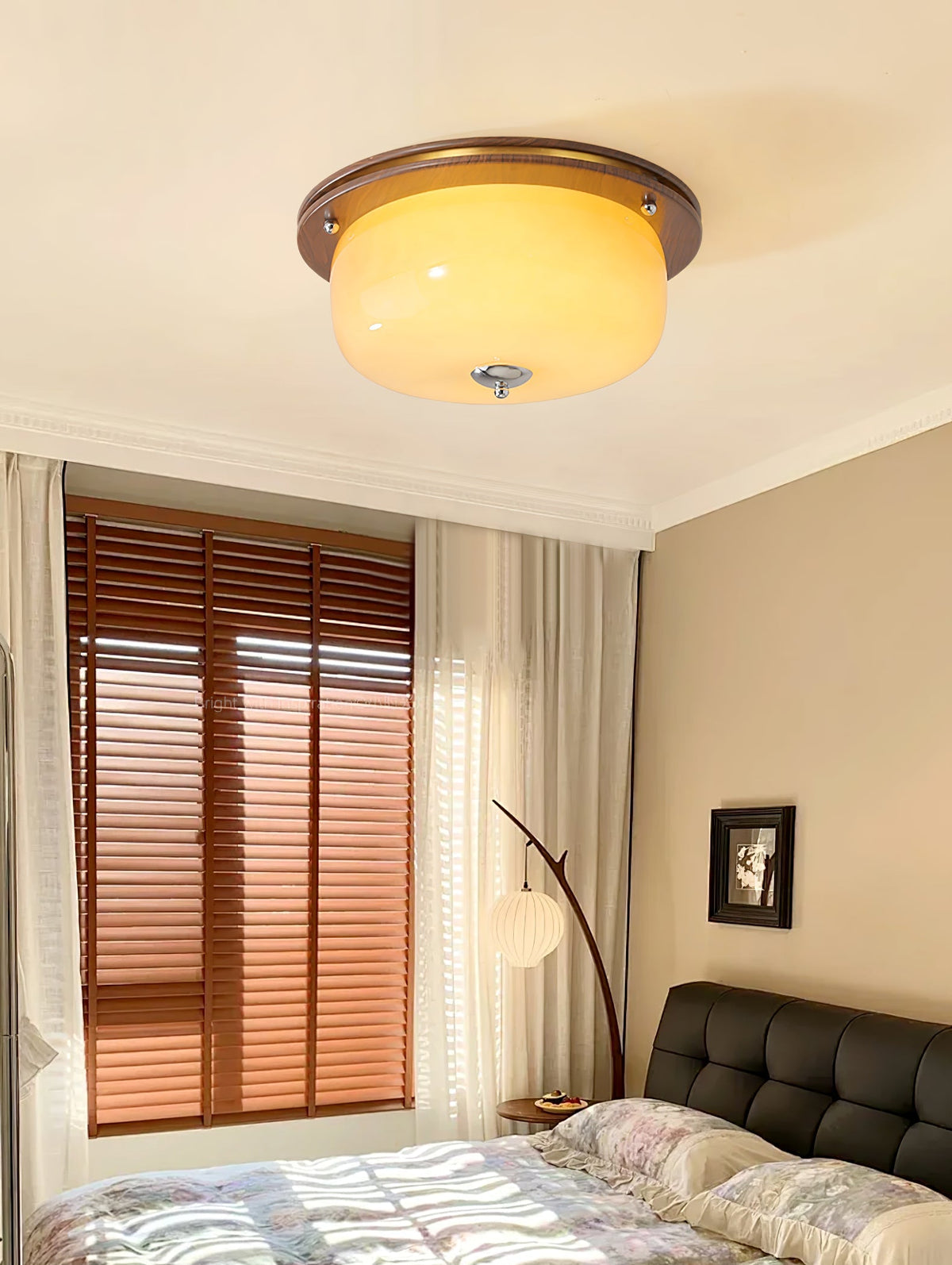 Aurelia Frosted Glass Dome Ceiling Light with Walnut Wood Accents