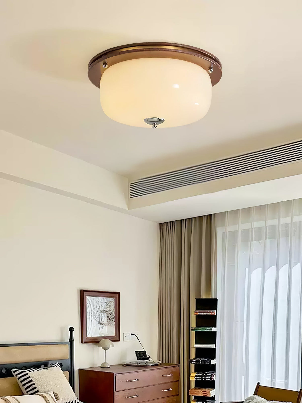 Aurelia Frosted Glass Dome Ceiling Light with Walnut Wood Accents