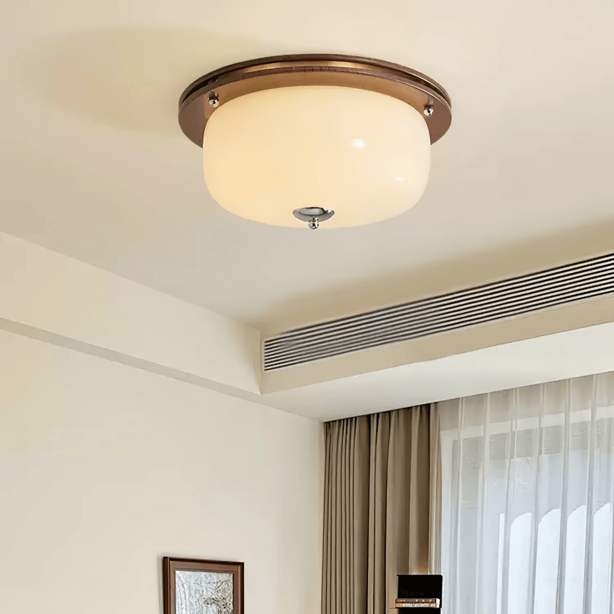 Aurelia Frosted Glass Dome Ceiling Light with Walnut Wood Accents