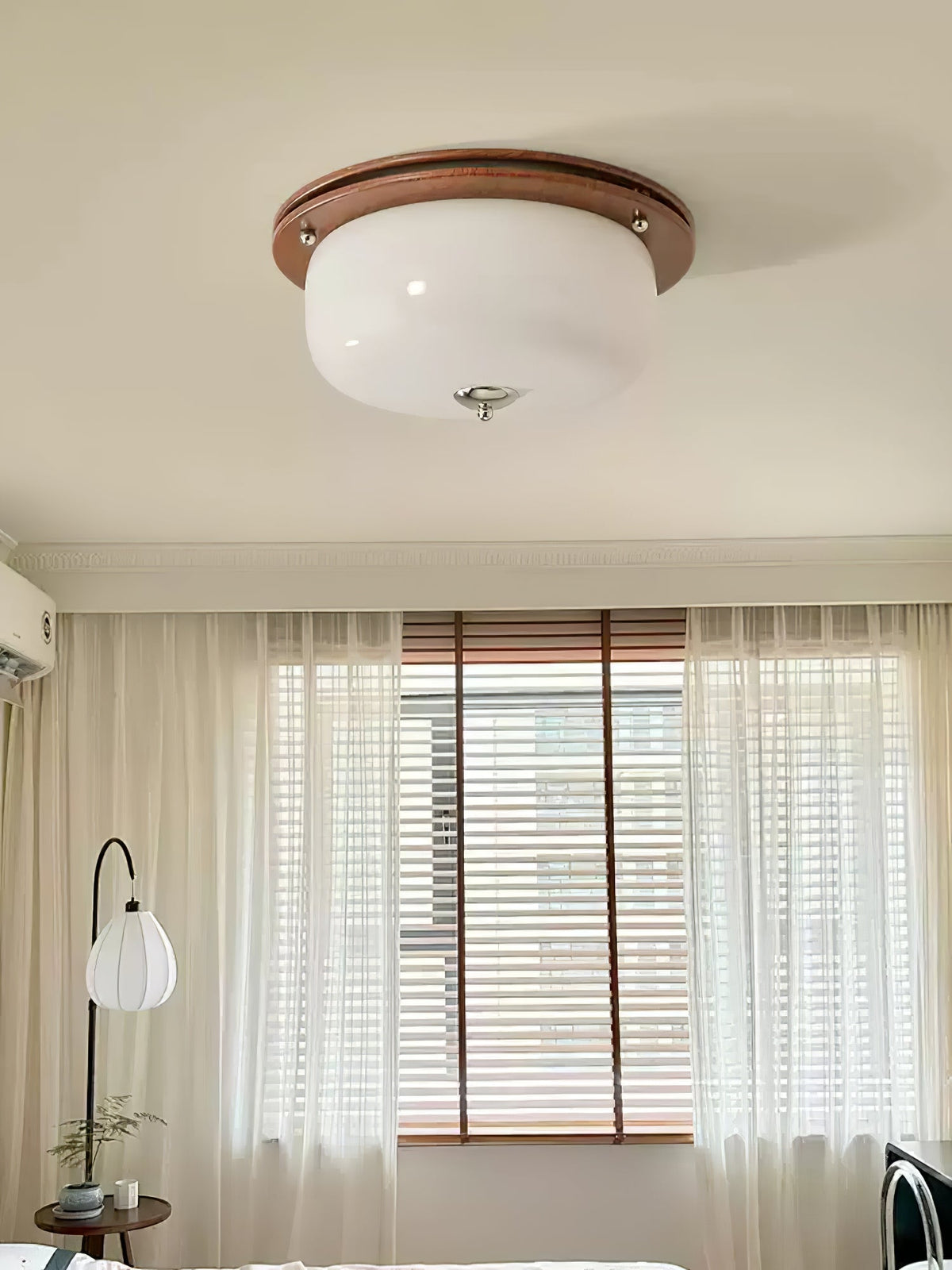 Aurelia Frosted Glass Dome Ceiling Light with Walnut Wood Accents