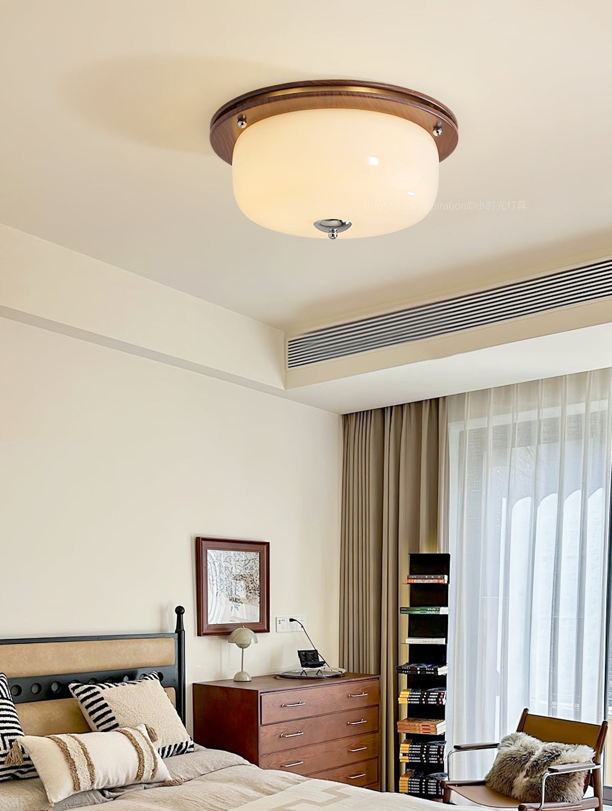 Aurelia Frosted Glass Dome Ceiling Light with Walnut Wood Accents