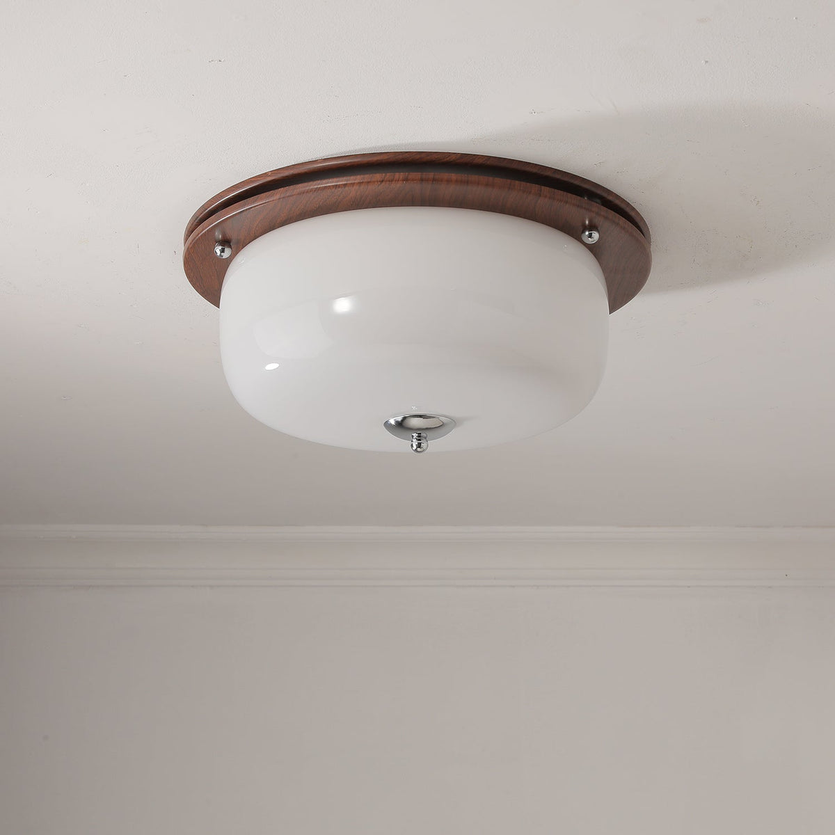 Aurelia Frosted Glass Dome Ceiling Light with Walnut Wood Accents