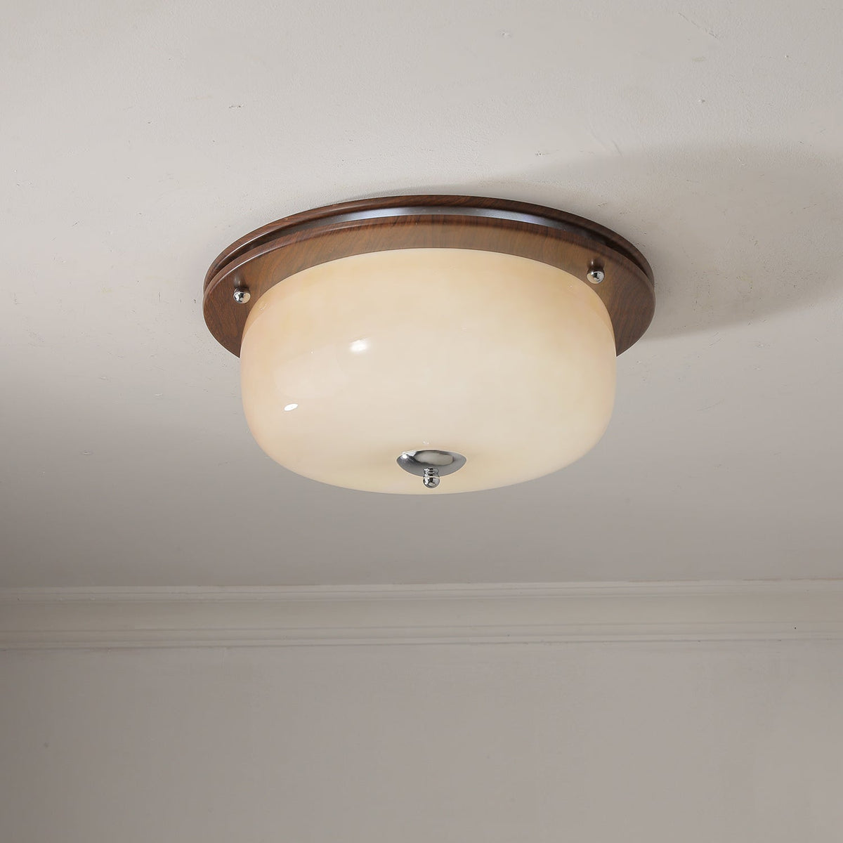 Aurelia Frosted Glass Dome Ceiling Light with Walnut Wood Accents