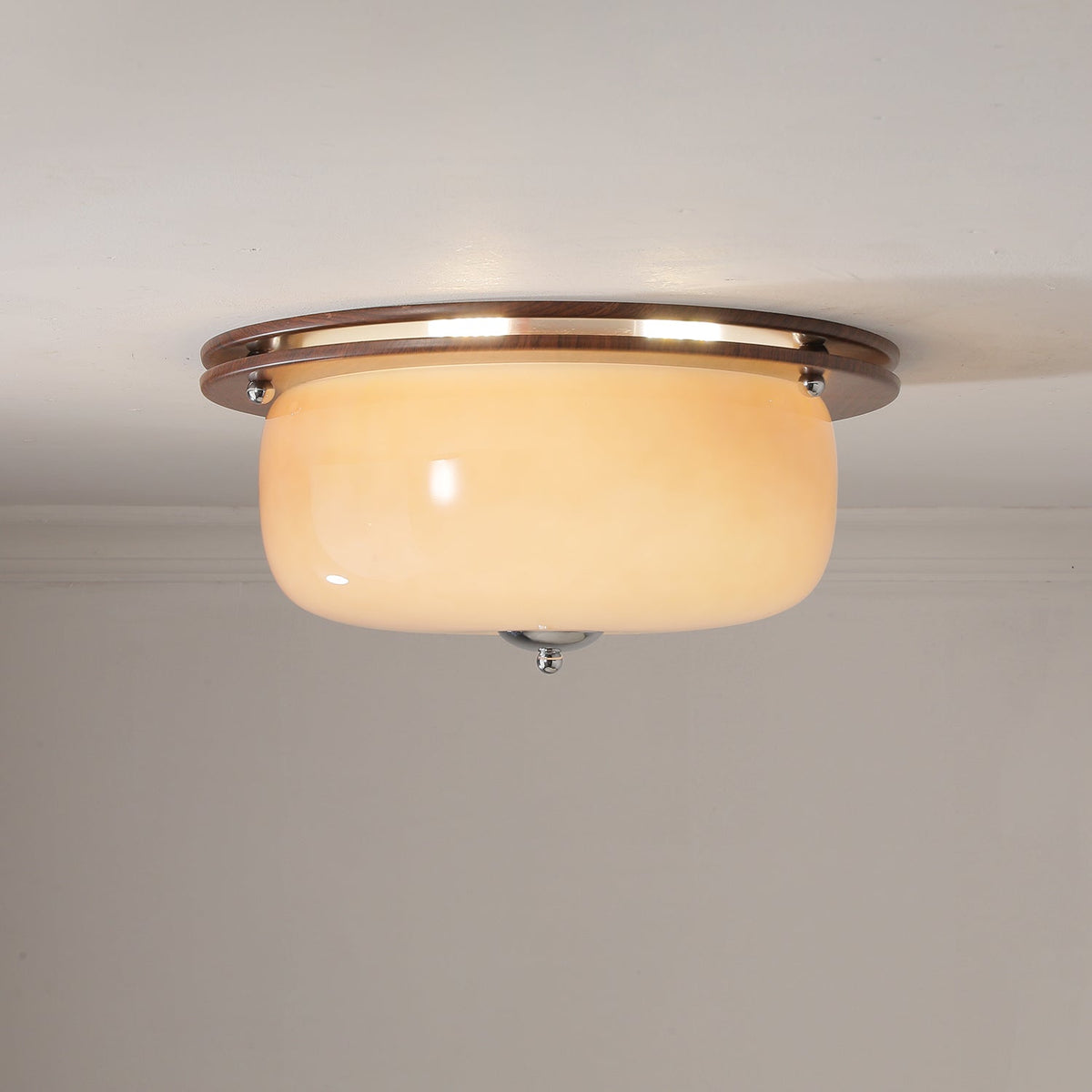 Aurelia Frosted Glass Dome Ceiling Light with Walnut Wood Accents
