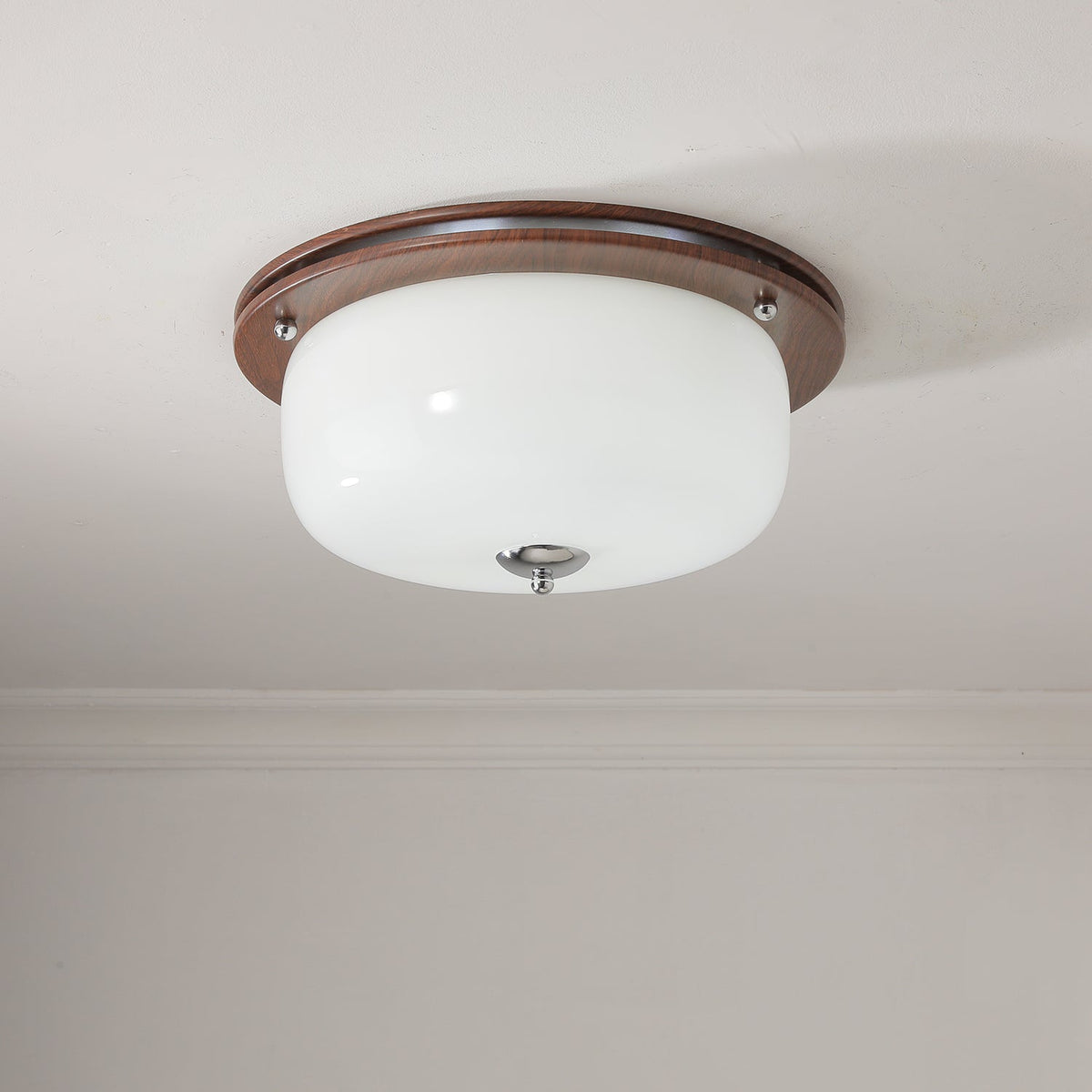 Aurelia Frosted Glass Dome Ceiling Light with Walnut Wood Accents