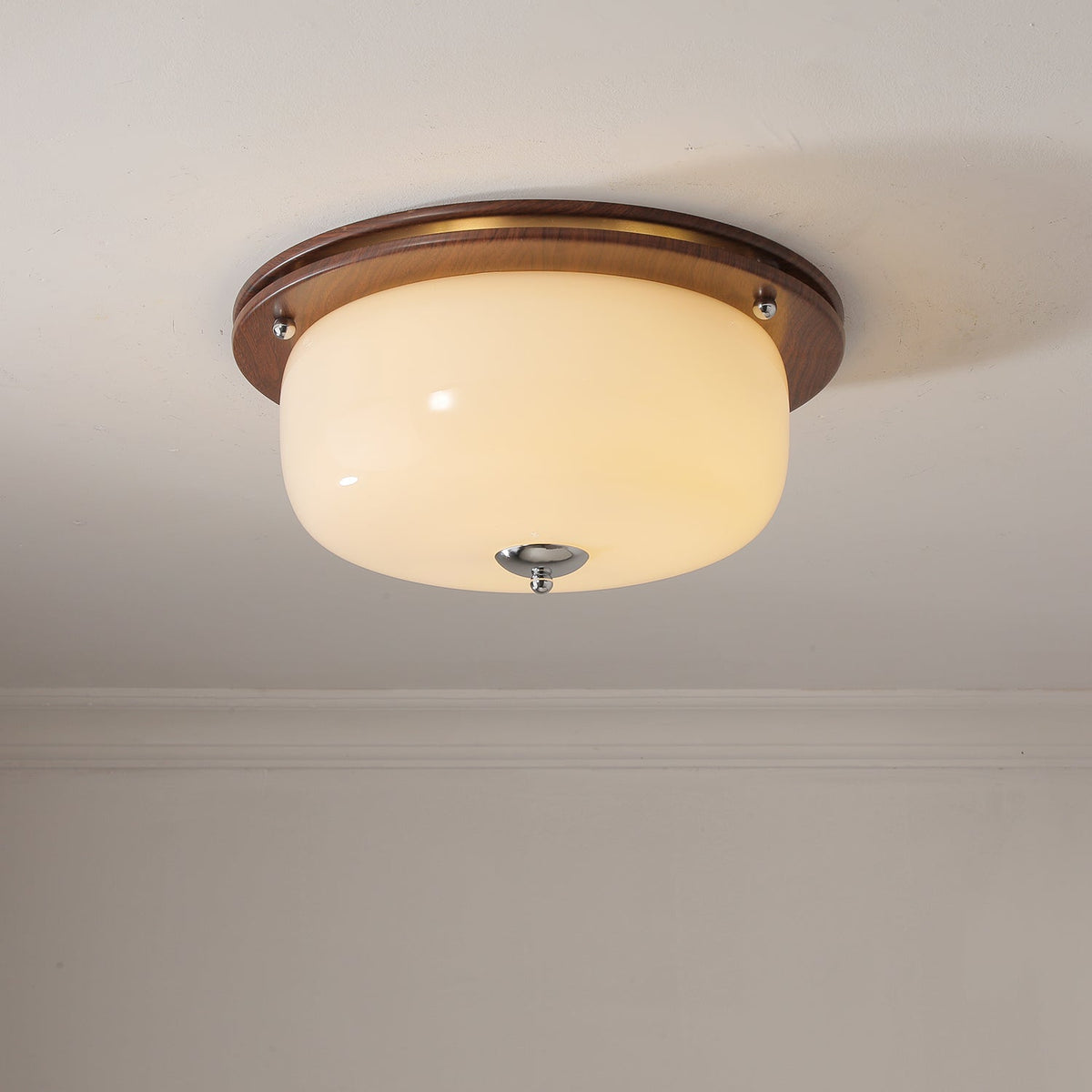 Aurelia Frosted Glass Dome Ceiling Light with Walnut Wood Accents