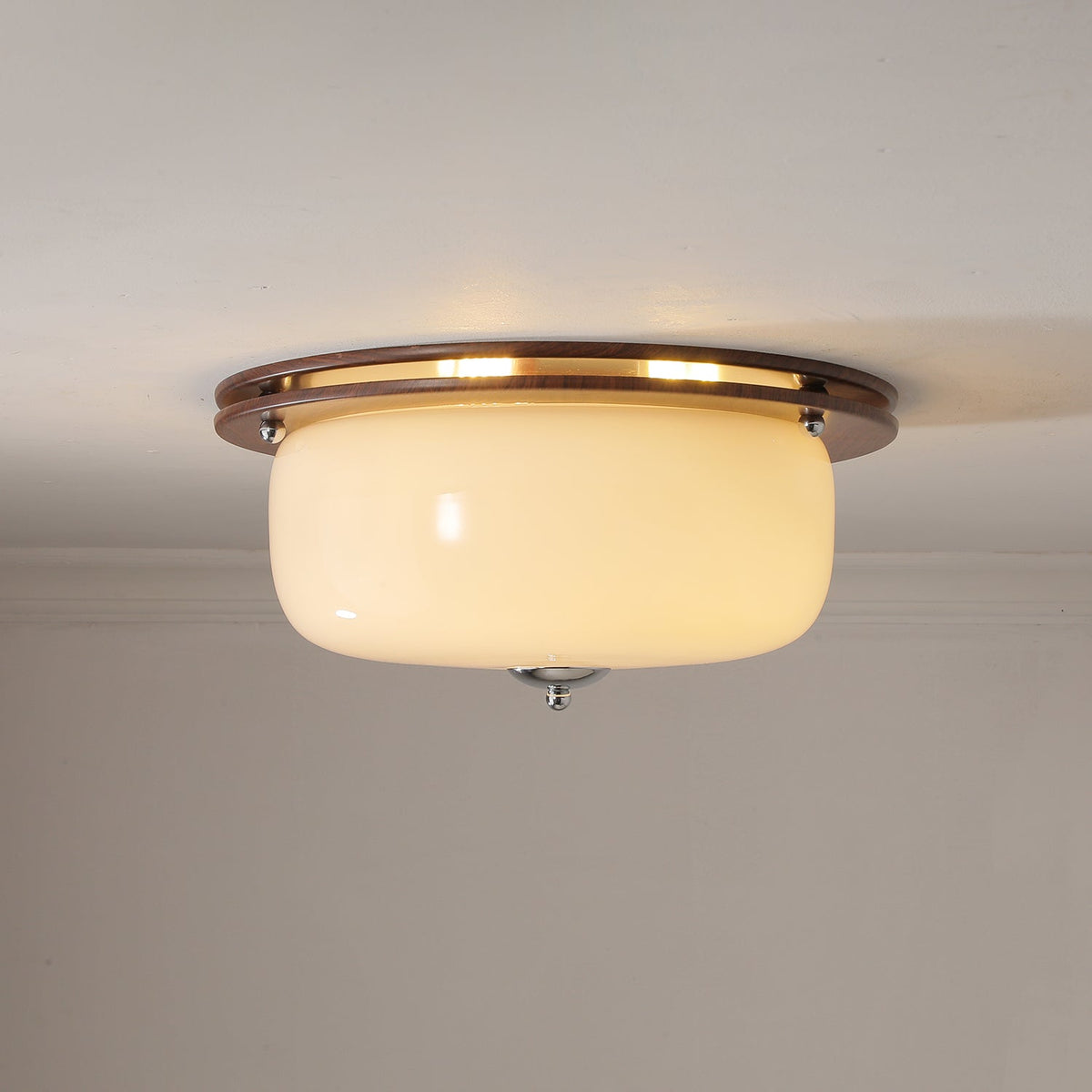 Aurelia Frosted Glass Dome Ceiling Light with Walnut Wood Accents