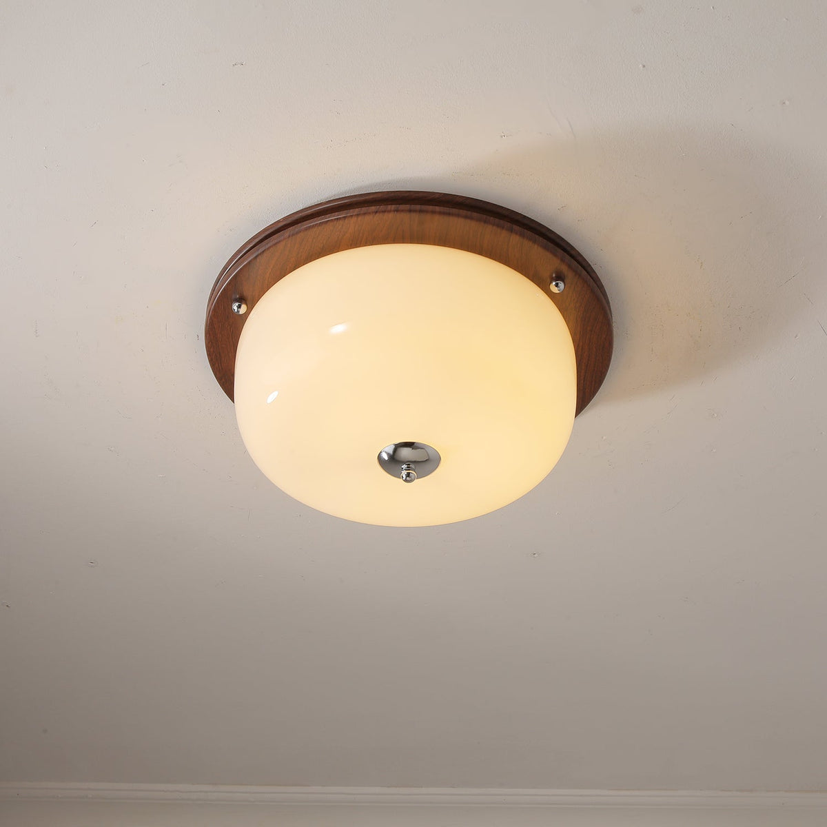 Aurelia Frosted Glass Dome Ceiling Light with Walnut Wood Accents