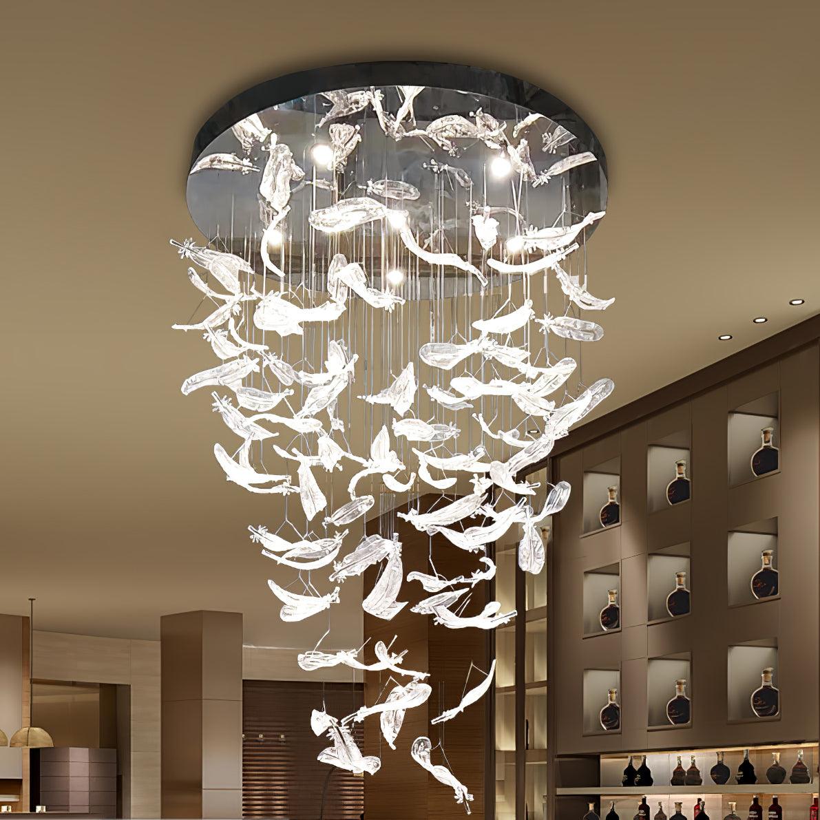 Glass Feathers Flying Chandelier — Modern LED Statement Pendant for Dining & Living Rooms