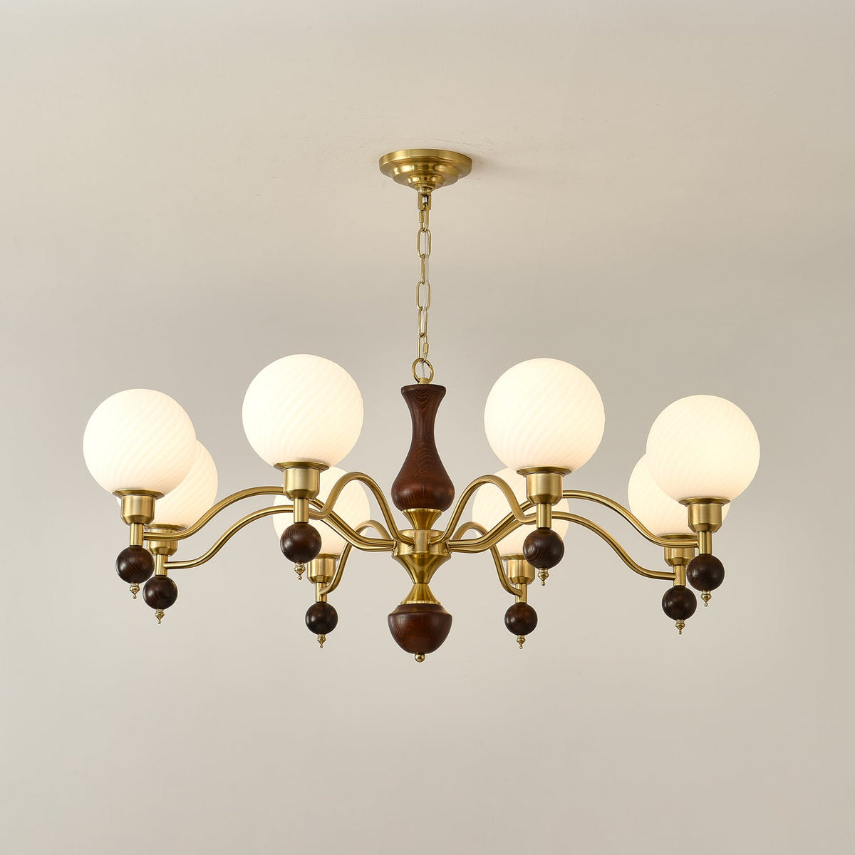 Globe Orb Walnut Wood Chandelier with Gold Accents