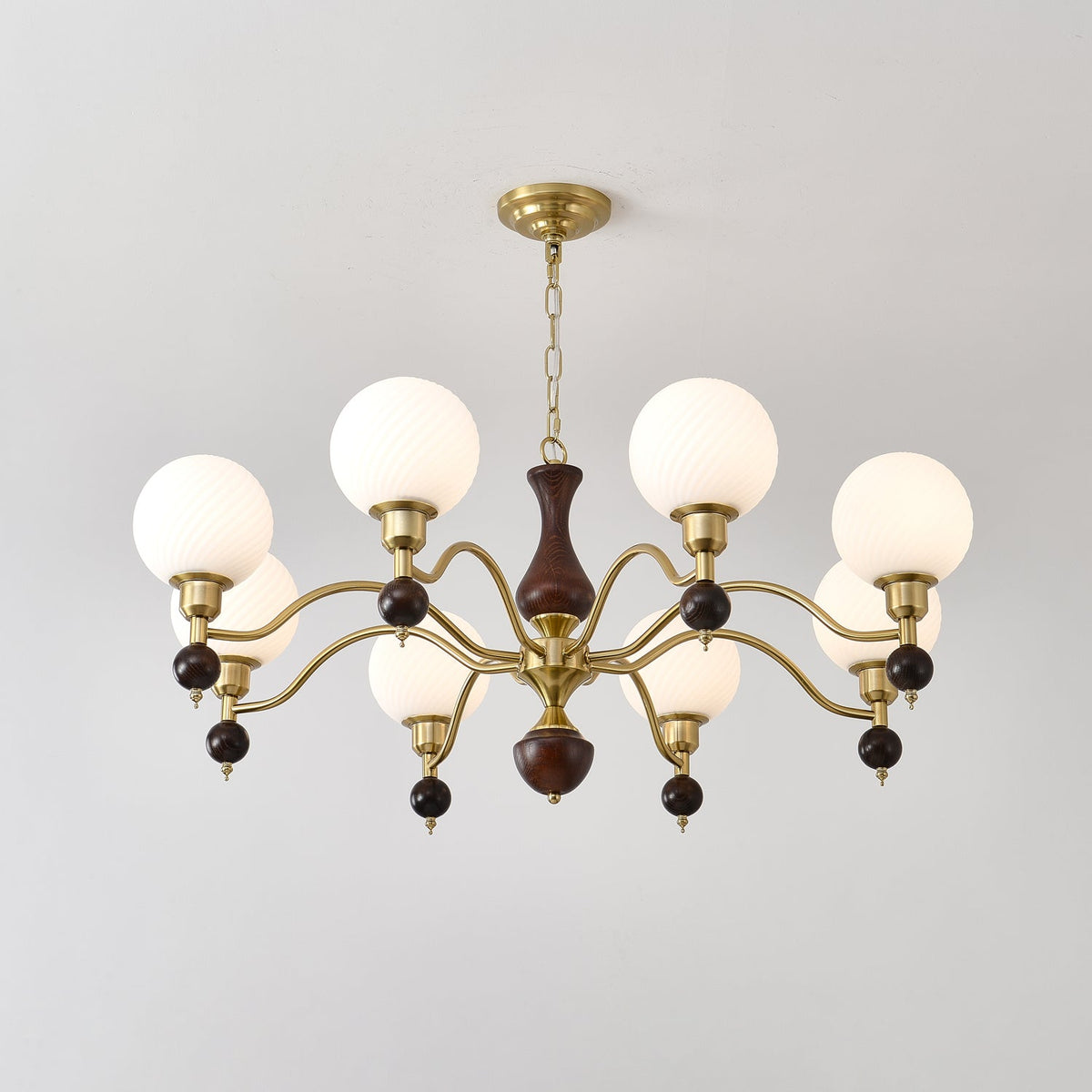 Globe Orb Walnut Wood Chandelier with Gold Accents