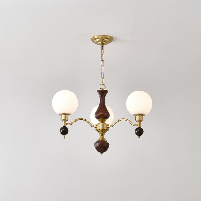 Globe Orb Walnut Wood Chandelier with Gold Accents