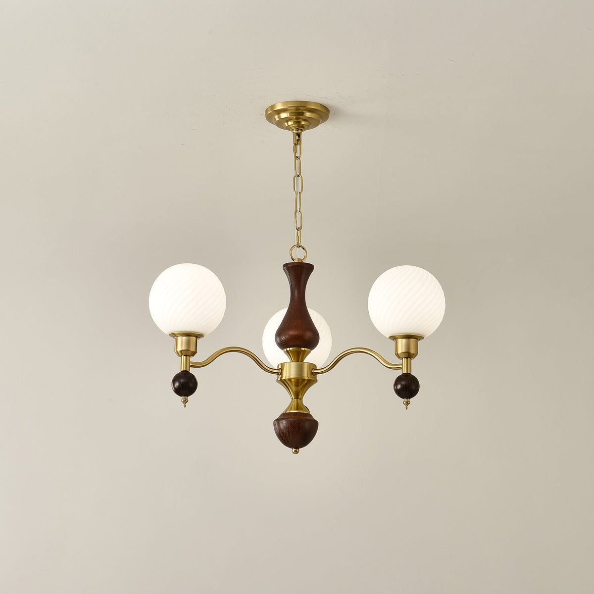 Globe Orb Walnut Wood Chandelier with Gold Accents