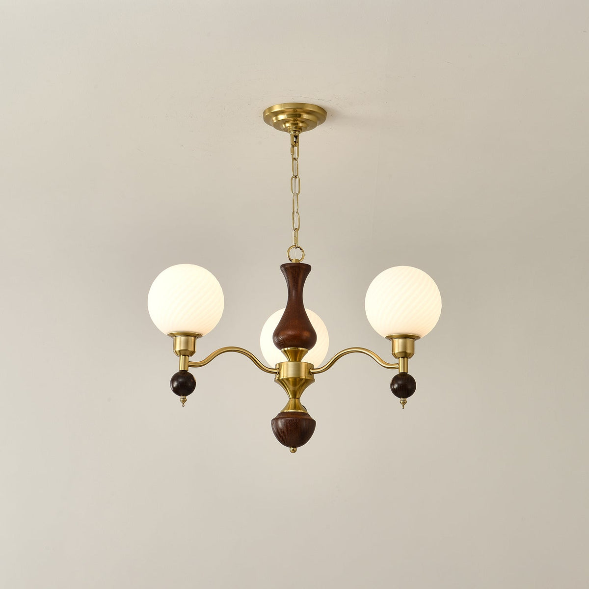 Globe Orb Walnut Wood Chandelier with Gold Accents
