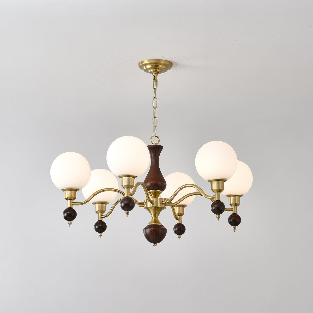 Globe Orb Walnut Wood Chandelier with Gold Accents