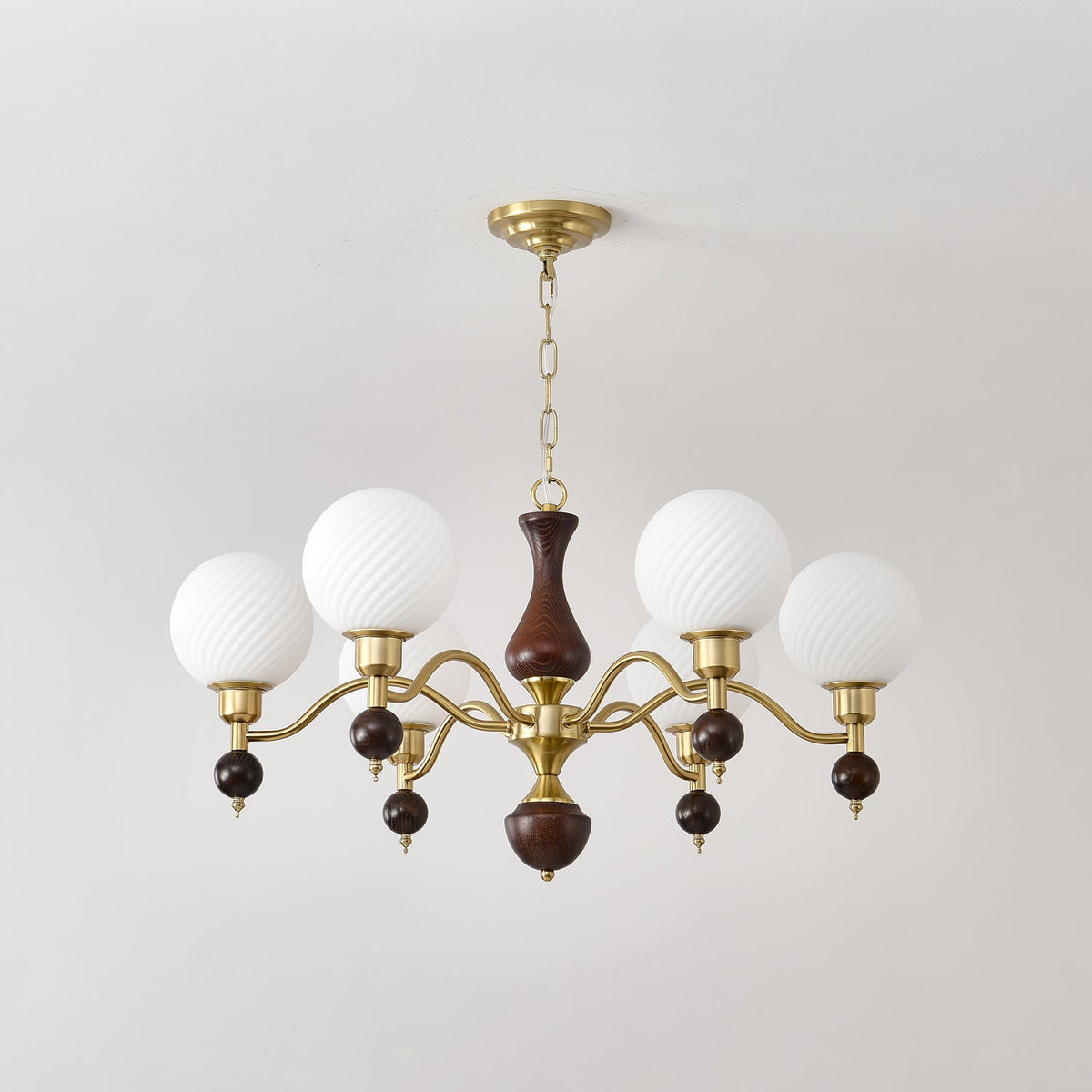 Globe Orb Walnut Wood Chandelier with Gold Accents