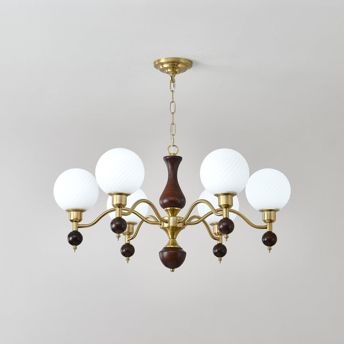 Globe Orb Walnut Wood Chandelier with Gold Accents