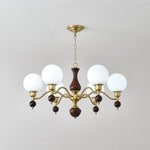 Globe Orb Walnut Wood Chandelier with Gold Accents