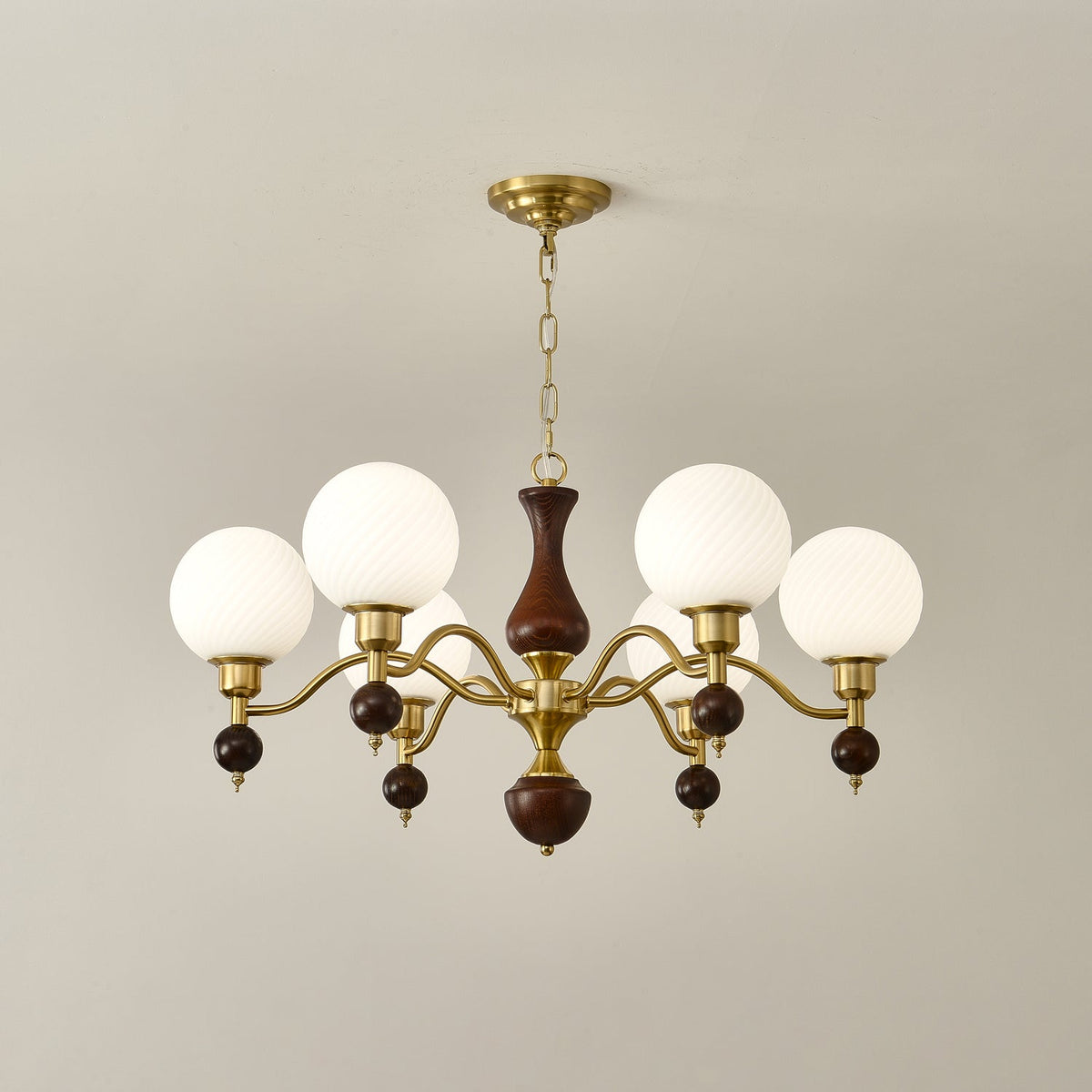 Globe Orb Walnut Wood Chandelier with Gold Accents